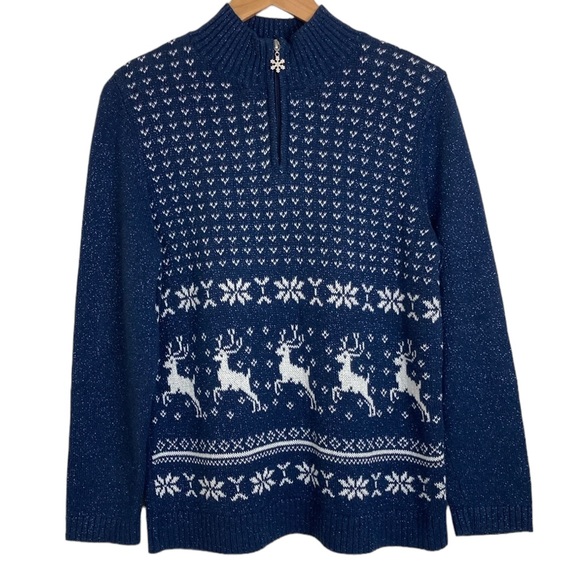 Christopher & Banks Blue Snowflake Reindeer Sweater - Picture 1 of 11